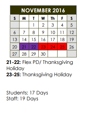 District School Academic Calendar for Pinkerton Elementary School for November 2016