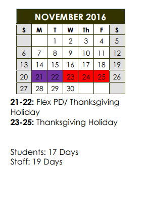 District School Academic Calendar for Coppell Middle East for November 2016