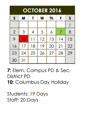 District School Academic Calendar for Lee Elementary School for October 2016
