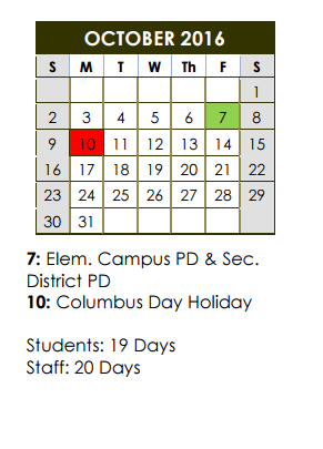 District School Academic Calendar for Coppell Middle West for October 2016