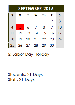 District School Academic Calendar for Mockingbird Elementary School for September 2016