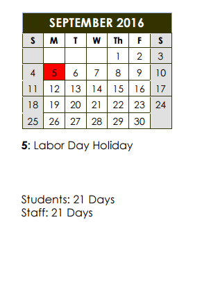 District School Academic Calendar for Coppell Middle West for September 2016