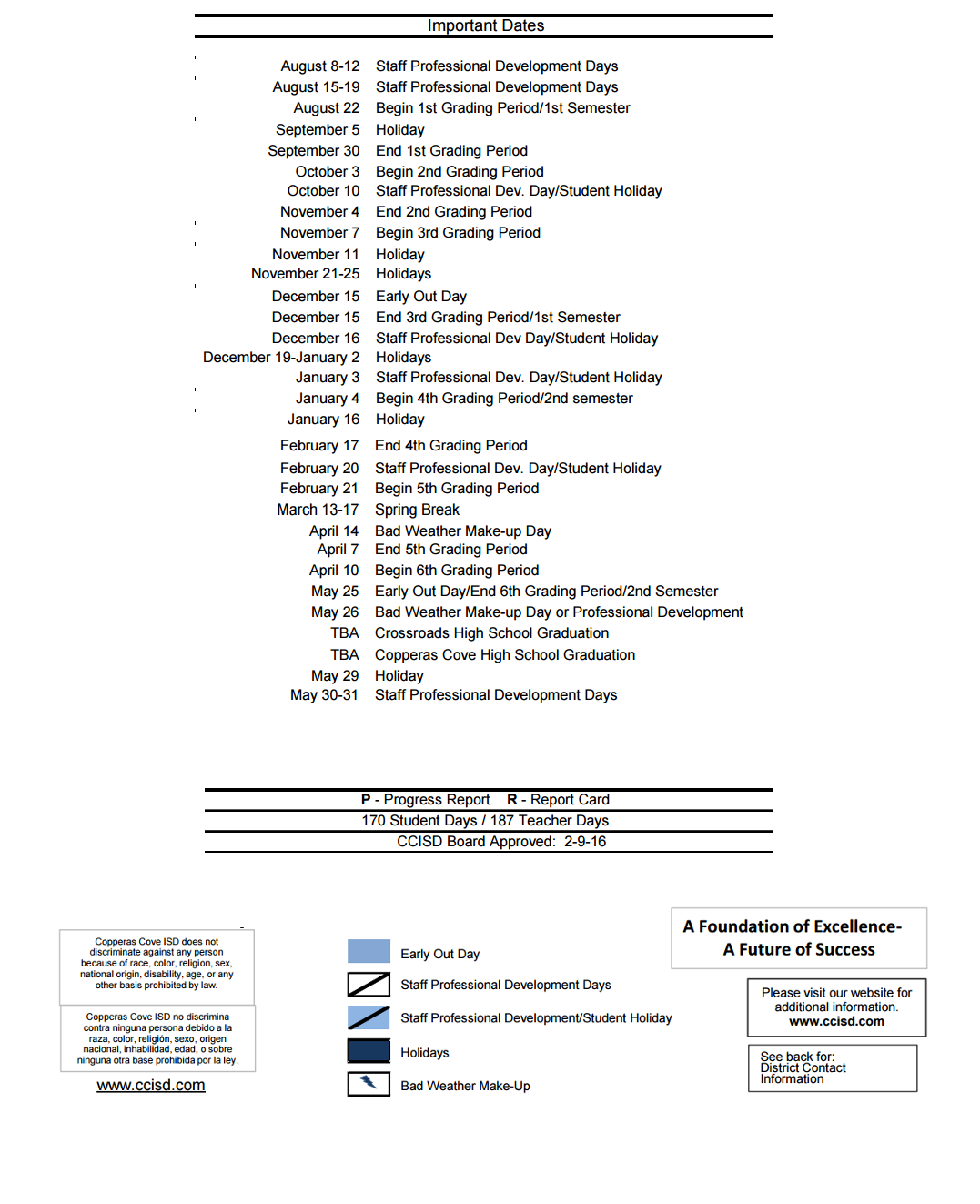 District School Academic Calendar Key for C R Clements Intermediate