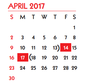 District School Academic Calendar for Student Learning And Guidance Cent for April 2017