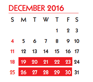 District School Academic Calendar for Miller High School Ctr For Community for December 2016