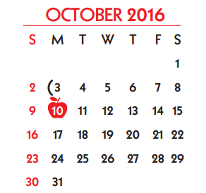 District School Academic Calendar for Yeager Elementary School for October 2016