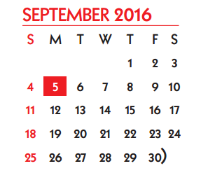 District School Academic Calendar for Menger Elementary School for September 2016