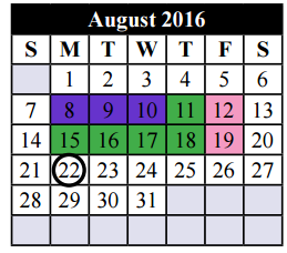 District School Academic Calendar for Parkway Elementary for August 2016