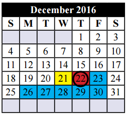 District School Academic Calendar for Sycamore Elementary for December 2016