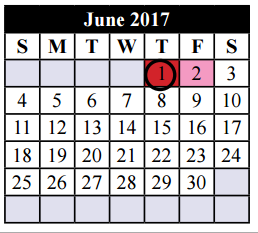 District School Academic Calendar for J A Hargrave Elementary for June 2017