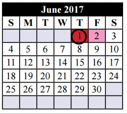 District School Academic Calendar for Bess Race Elementary for June 2017