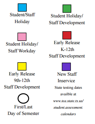 District School Academic Calendar Legend for Tarrant Co J J A E P