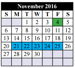 District School Academic Calendar for Tarrant Co J J A E P for November 2016