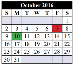 District School Academic Calendar for Tarrant Co J J A E P for October 2016