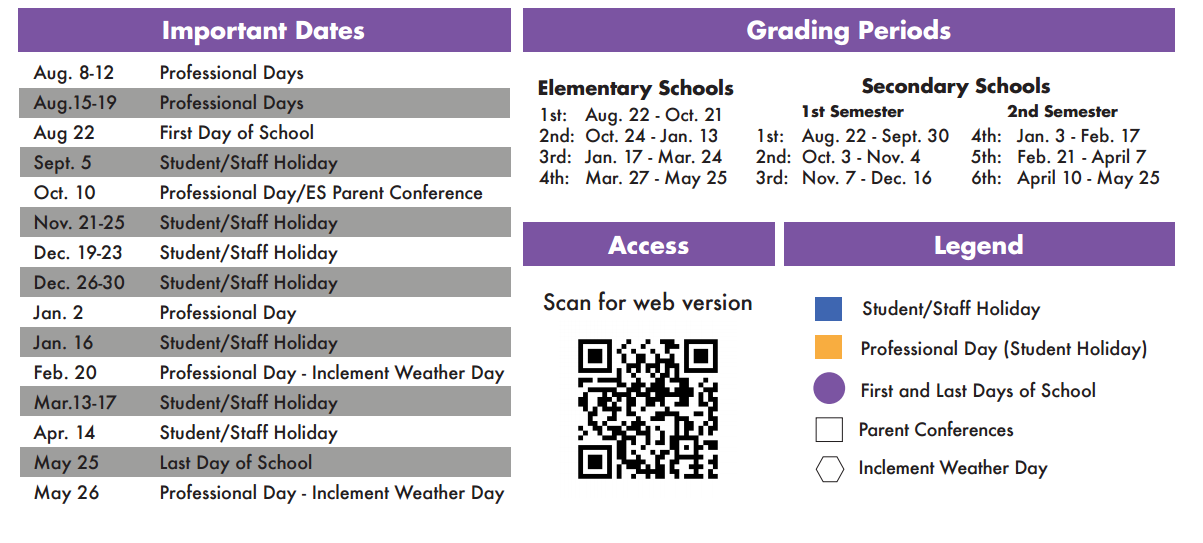 District School Academic Calendar Key for Post Elementary School