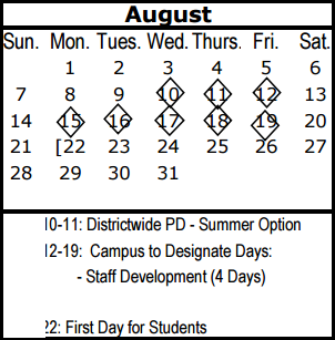 District School Academic Calendar for Leila P Cowart Elementary School for August 2016