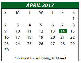District School Academic Calendar for P A S S Learning Center for April 2017