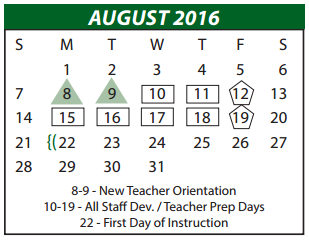 District School Academic Calendar for Amber Terrace Int for August 2016