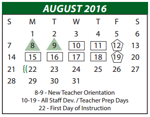 District School Academic Calendar for P A S S Learning Center for August 2016
