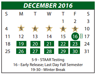 District School Academic Calendar for The Meadows Int for December 2016