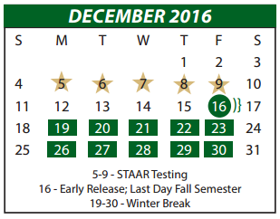 District School Academic Calendar for P A S S Learning Center for December 2016