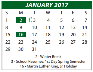 District School Academic Calendar for P A S S Learning Center for January 2017