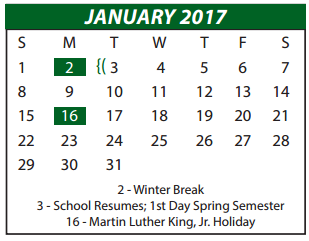 District School Academic Calendar for Desoto West J H for January 2017