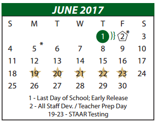 District School Academic Calendar for P A S S Learning Center for June 2017