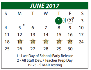 District School Academic Calendar for Amber Terrace Int for June 2017