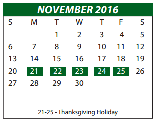 District School Academic Calendar for P A S S Learning Center for November 2016