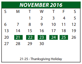 District School Academic Calendar for Amber Terrace Int for November 2016