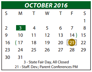 District School Academic Calendar for Desoto East Junior High for October 2016