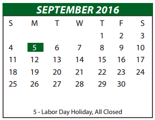 District School Academic Calendar for P A S S Learning Center for September 2016