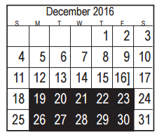 District School Academic Calendar for Early Childhood Center for December 2016