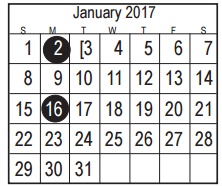 District School Academic Calendar for Harris Co J J A E P for January 2017