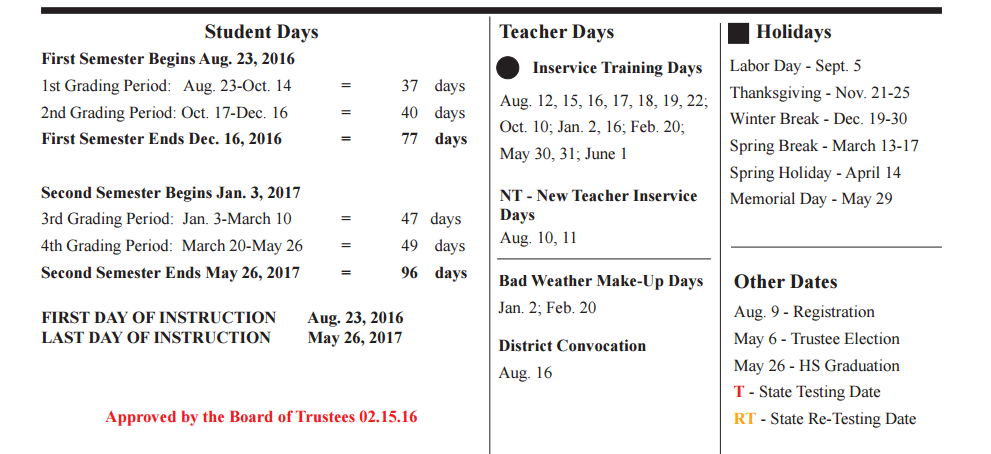 District School Academic Calendar Key for Early Childhood Center