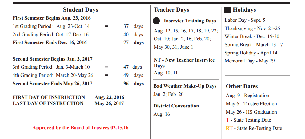 District School Academic Calendar Key for Harris Co J J A E P