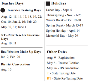 District School Academic Calendar Legend for Early Childhood Center