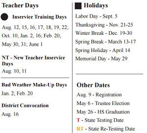 District School Academic Calendar Legend for Fairmont Jr High