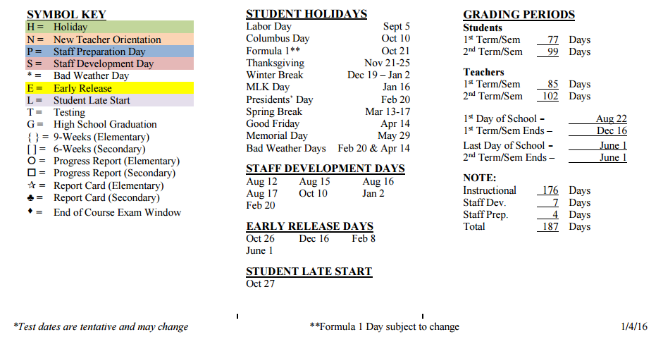 District School Academic Calendar Key for Popham Elementary