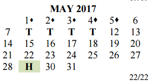 District School Academic Calendar for Del Valle Opportunity Ctr for May 2017