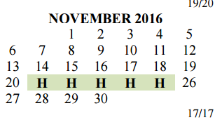 District School Academic Calendar for Hillcrest Elementary School for November 2016