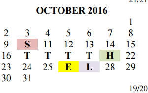 District School Academic Calendar for Del Valle Opportunity Ctr for October 2016