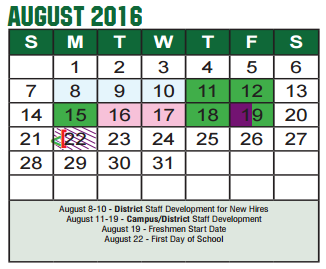 District School Academic Calendar for Denton Co J J A E P for August 2016