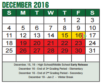 District School Academic Calendar for Navo Middle School for December 2016