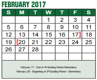 District School Academic Calendar for Denton Co J J A E P for February 2017