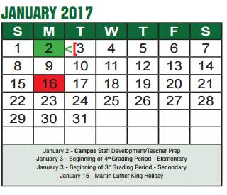 District School Academic Calendar for Denton H S for January 2017
