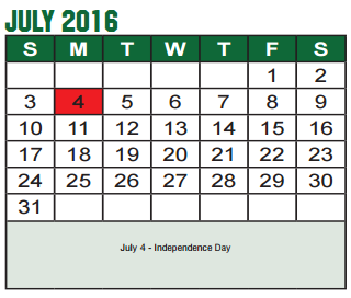 District School Academic Calendar for Joe Dale Sparks Campus for July 2016