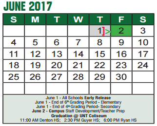 District School Academic Calendar for Denton H S for June 2017