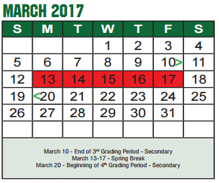 District School Academic Calendar for Denton Co J J A E P for March 2017